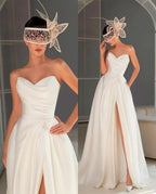 Elegant Strapless Pleated Prom Dress, Chic Split Long BM bride