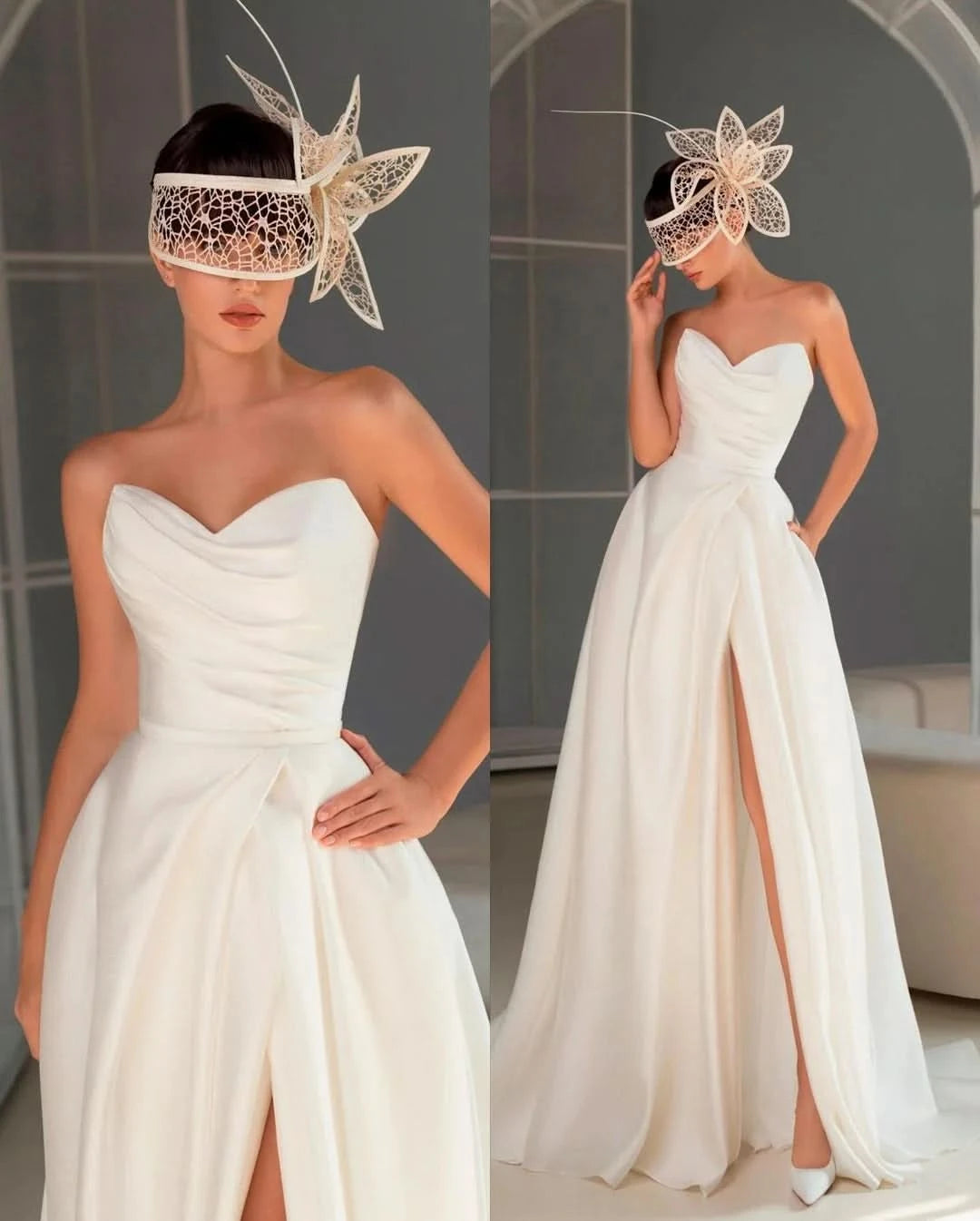 Elegant Strapless Pleated Prom Dress, Chic Split Long BM bride