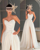 Elegant Strapless Pleated Prom Dress, Chic Split Long BM bride