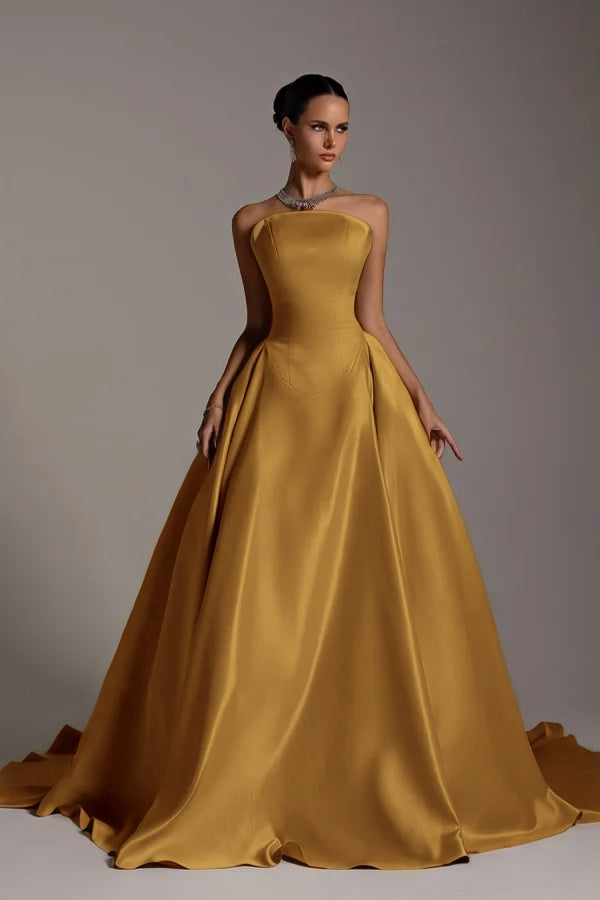 Chic Strapless Sleeveless A Line Long Prom Dress With Pleated BMBRIDE