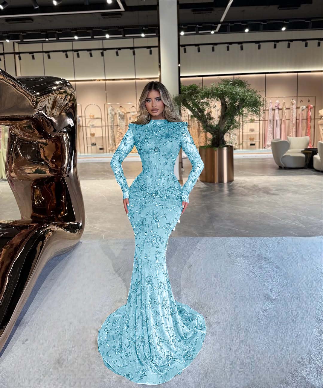 High Neck Long Sleeves Long Mermaid Prom Dress With Beading Pleated BMBRIDE
