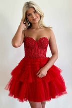 Sparkly Pink Corset Tiered Short A-Line Tulle Homecoming Dress with Lace Bmbride