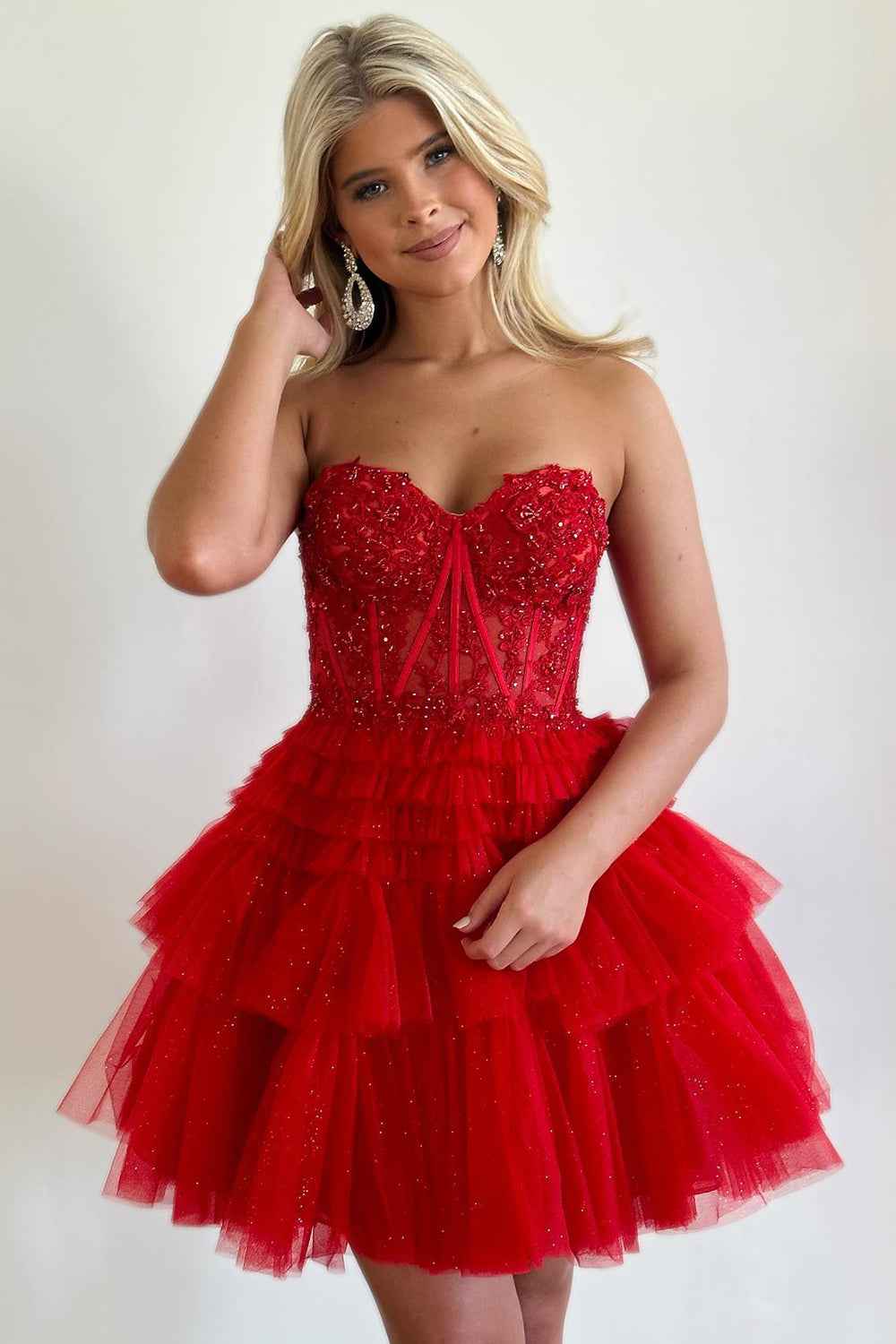 Sparkly Pink Corset Tiered Short A-Line Tulle Homecoming Dress with Lace Bmbride