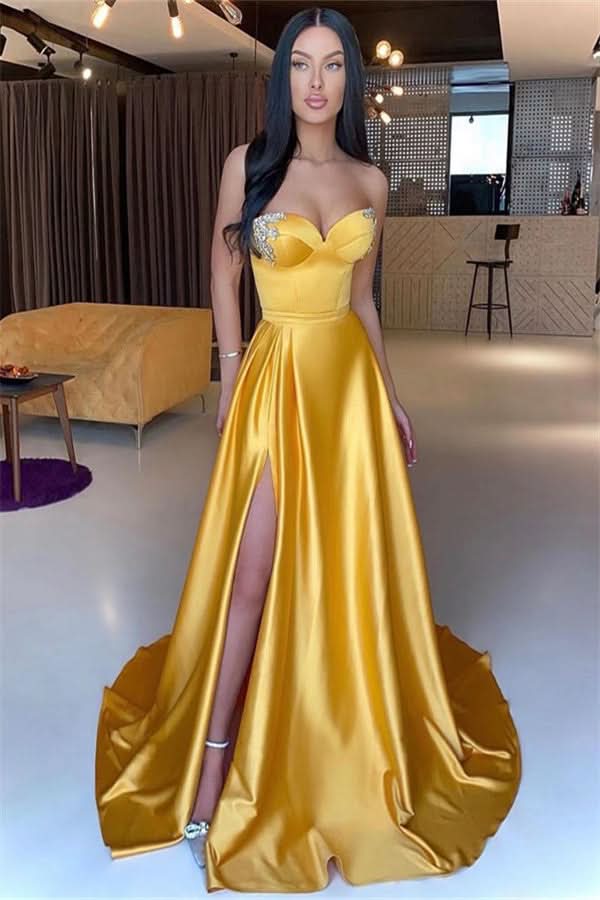 Yellow Sweetheart Mermaid Prom Dress with Beading Split BM bride