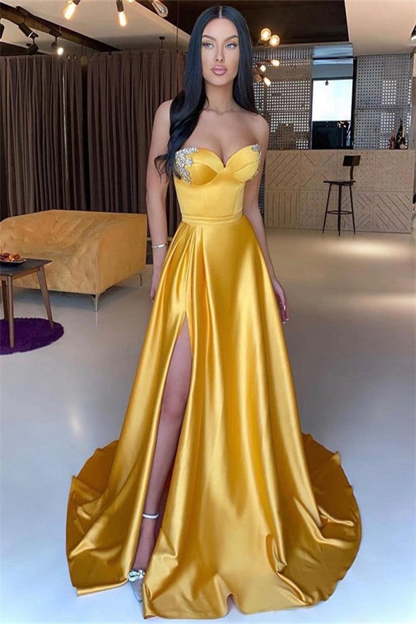 Sweetheart Yellow Strapless Mermaid Beadings Long Prom Dress With Split BMBRIDE