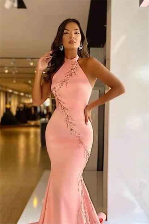 Elegant Pink Mermaid Long Prom Dress High Neck Sleeveless With Appliques