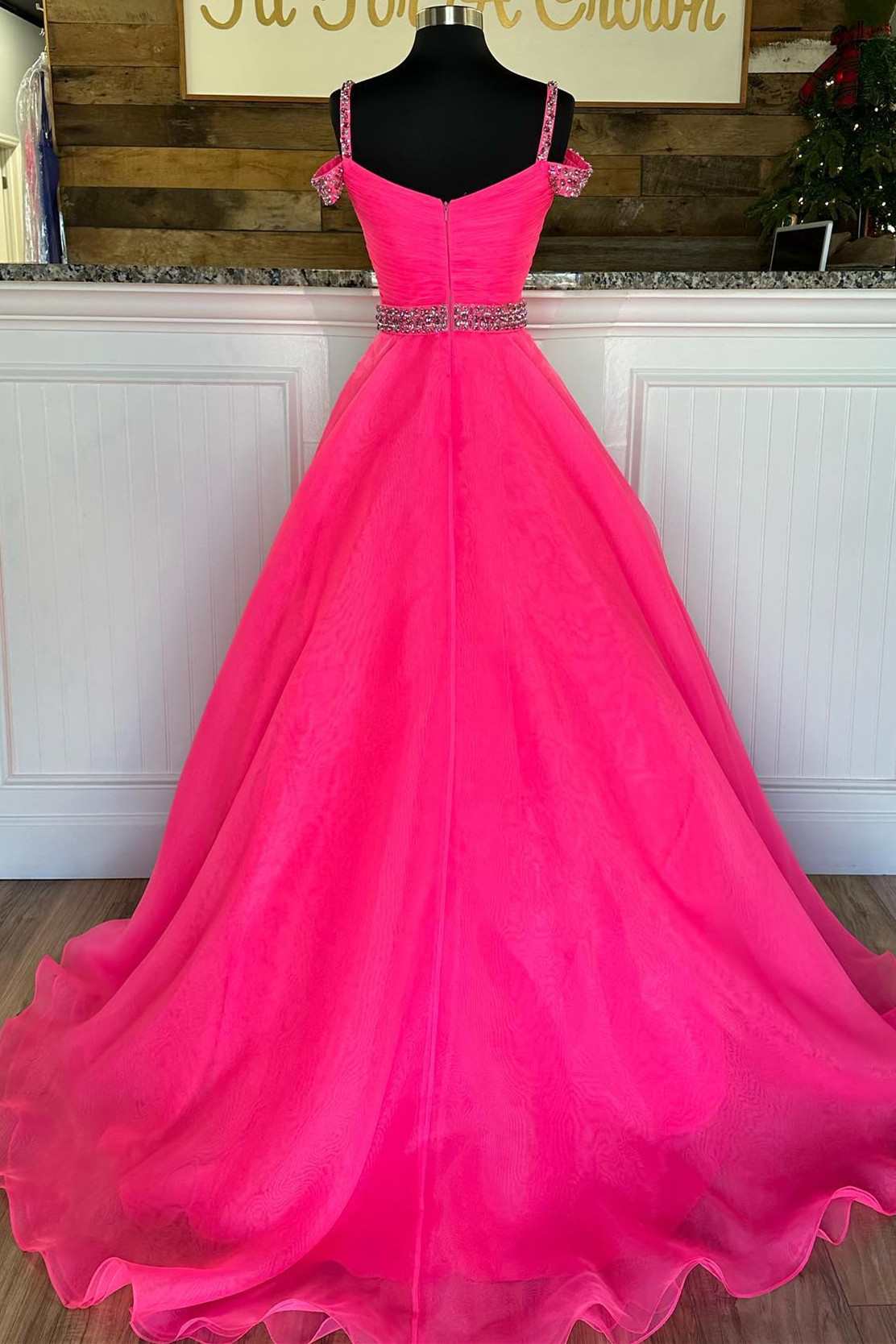 Bright Hot Pink Beaded Cold-Shoulder A-Line Prom Dress BM bride