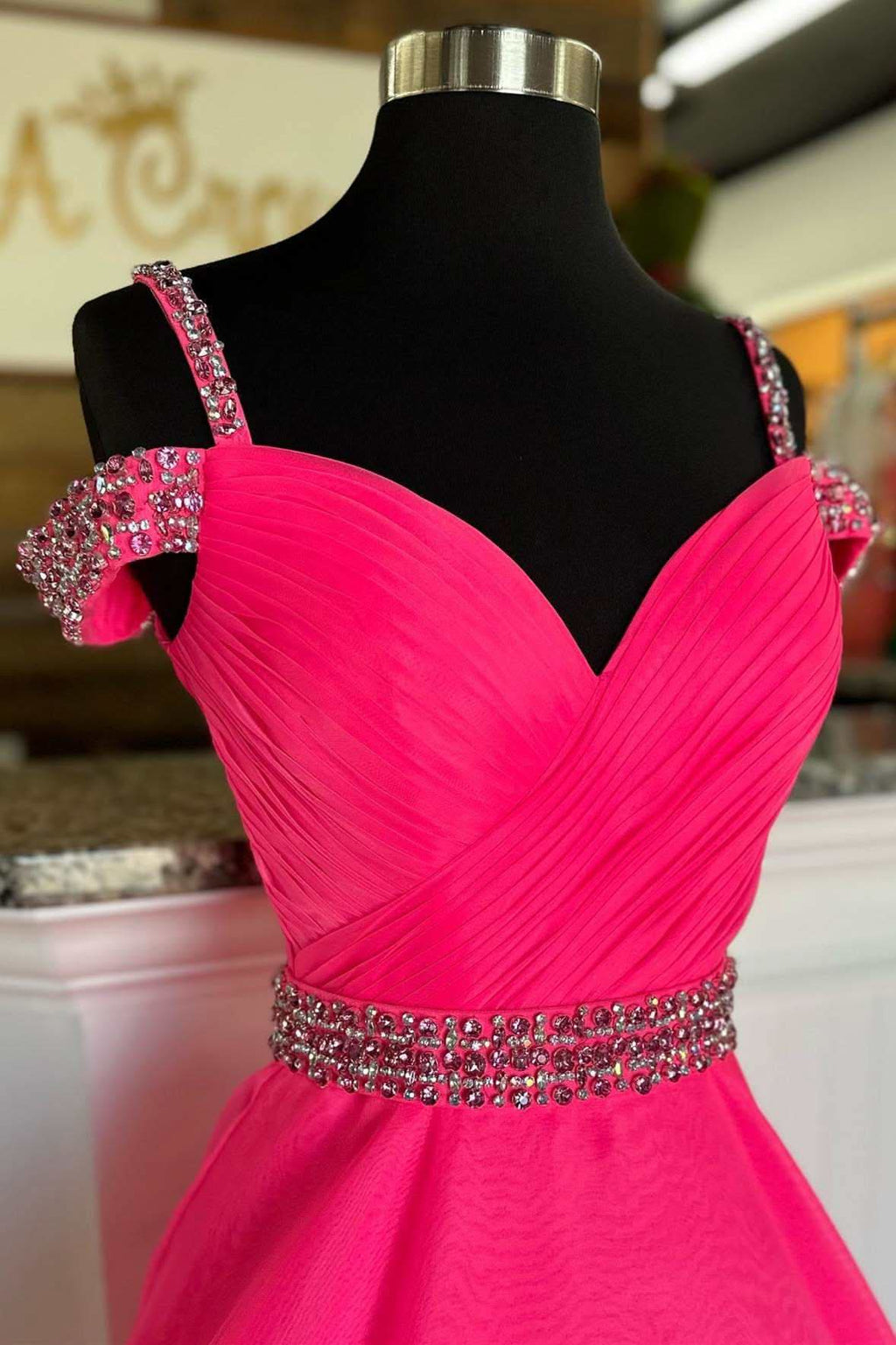 Bright Hot Pink Beaded Cold-Shoulder A-Line Prom Dress BM bride