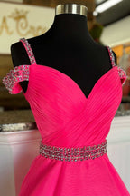 Bright Hot Pink Beaded Cold-Shoulder A-Line Prom Dress BM bride