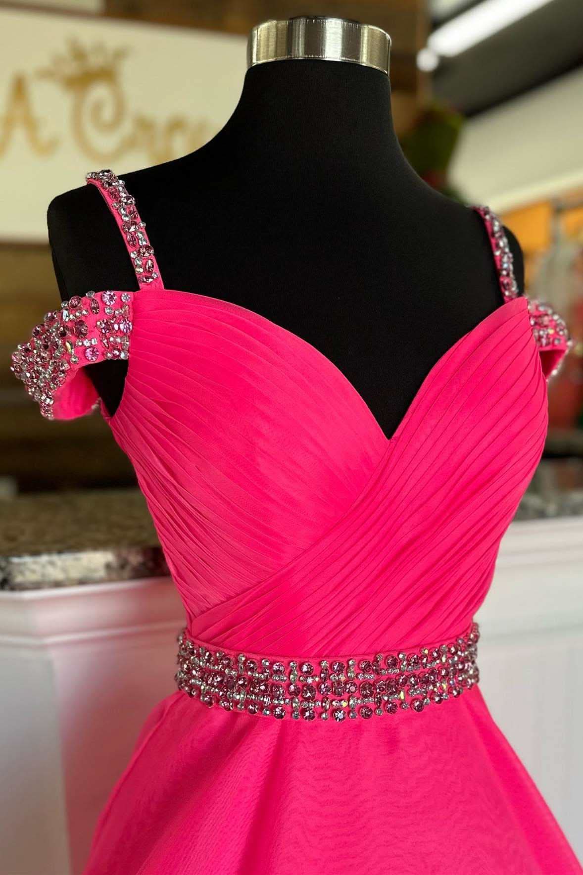 Bright Hot Pink Beaded Cold-Shoulder A-Line Prom Dress BM bride