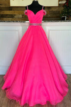 Bright Hot Pink Beaded Cold-Shoulder A-Line Prom Dress BM bride