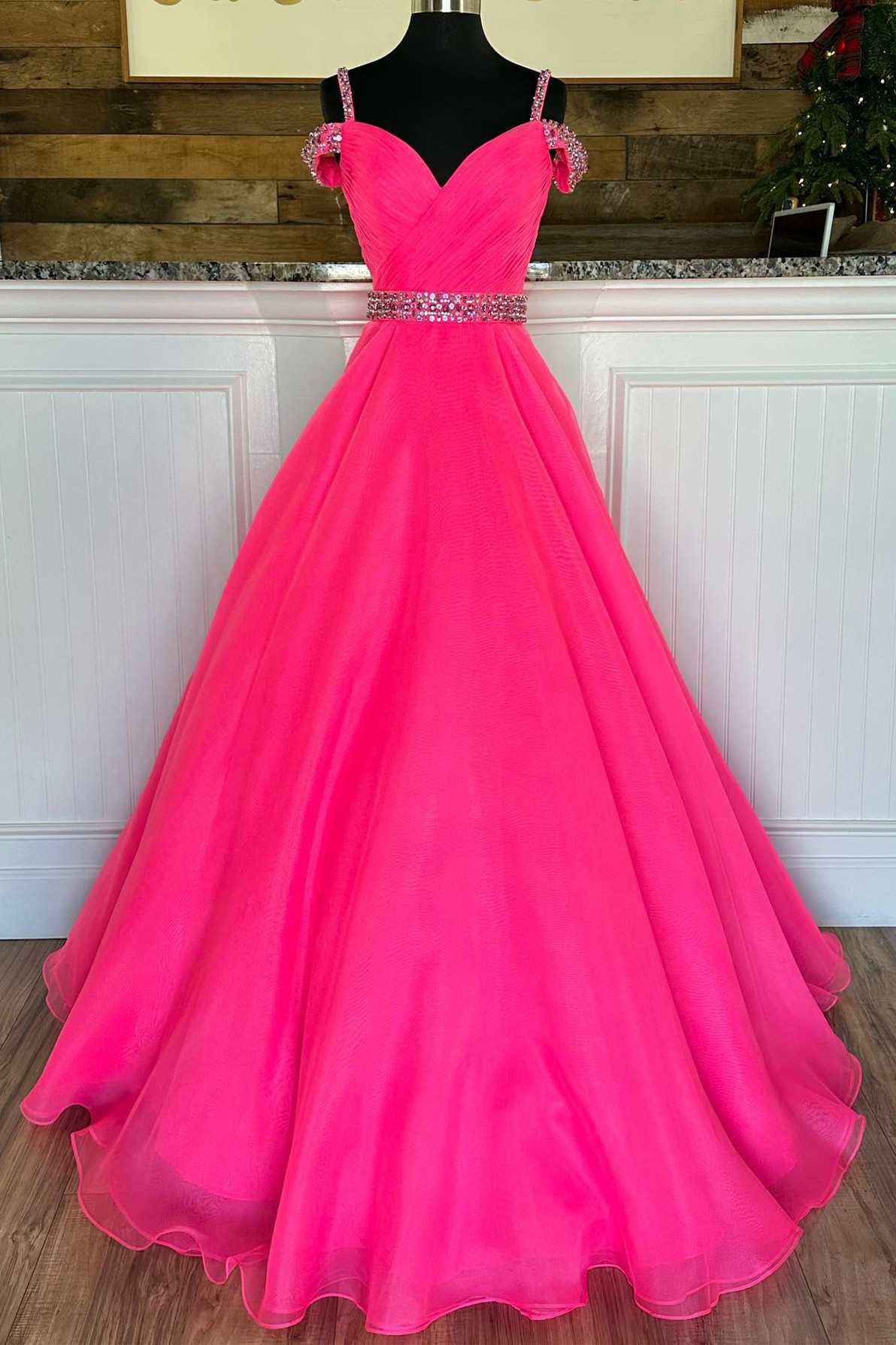 Bright Hot Pink Beaded Cold-Shoulder A-Line Prom Dress BM bride