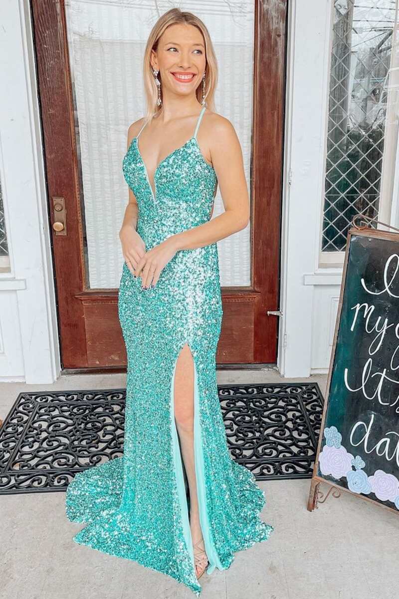 Light Jade Sequin Lace-Up Back Mermaid Long Prom Dress BM bride