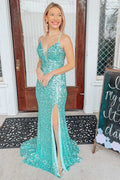 Light Jade Sequin Lace-Up Back Mermaid Long Prom Dress BM bride