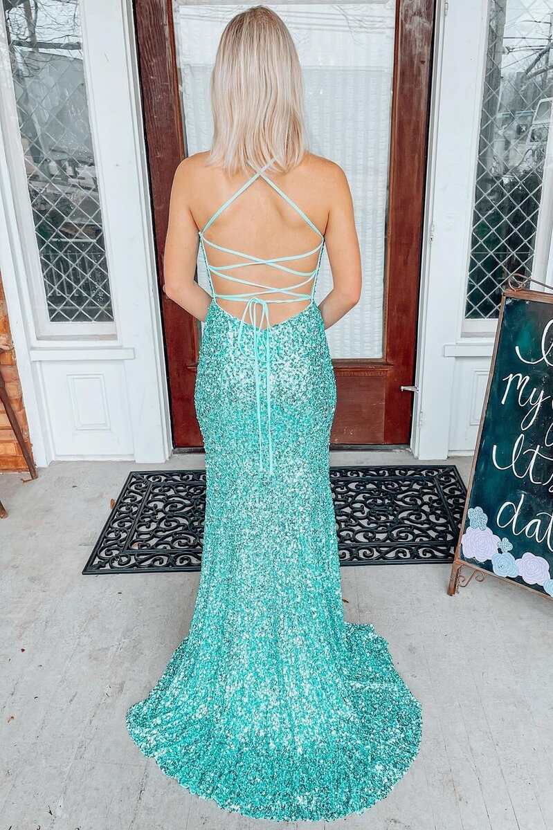 Light Jade Sequin Lace-Up Back Mermaid Long Prom Dress BM bride