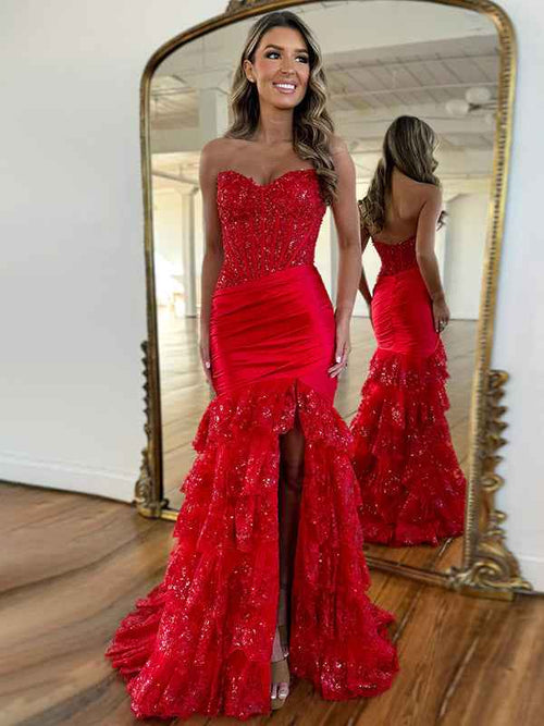 Red Mermaid Strapless Long Satin Prom Dress with Tiered Ruffle Skirt BMBRIDE