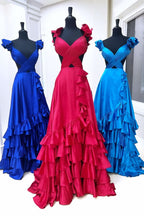 Bold Red Cutout Ruffle A-Line Long Prom Dress with Slit BM bride