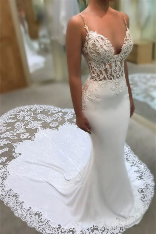 Spaghetti Strap V-Neck Applique Mermaid Wedding Dress BM bride