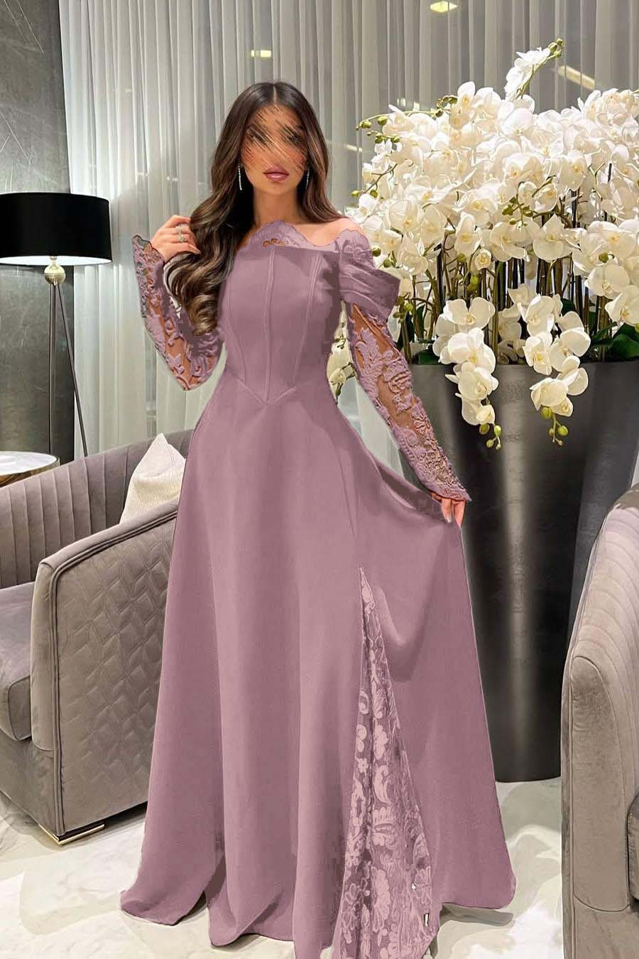 White Off the Shoulder Long Sleeves Long Prom Dress With Appliques BMBRIDE