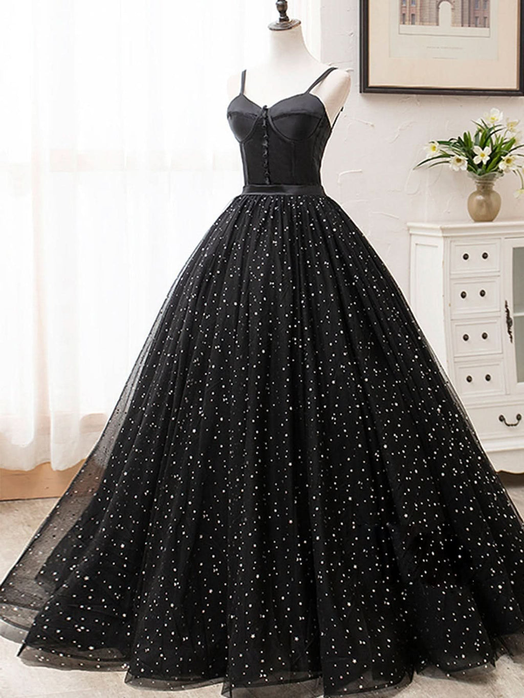 Dazzling V Neck Glitter Black Long Prom Dress BM bride