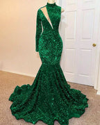 Green High Neck Long Sleeve Sequined Mermaid Long Prom Dress BM bride