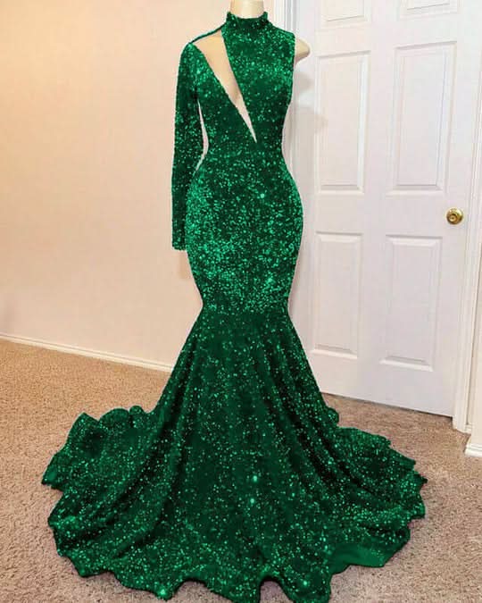 Green High Neck Long Sleeve Sequined Mermaid Long Prom Dress BM bride