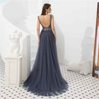 Elegant Bead Embroidery Dusty Blue Sleeveless Mermaid Long Prom Dress