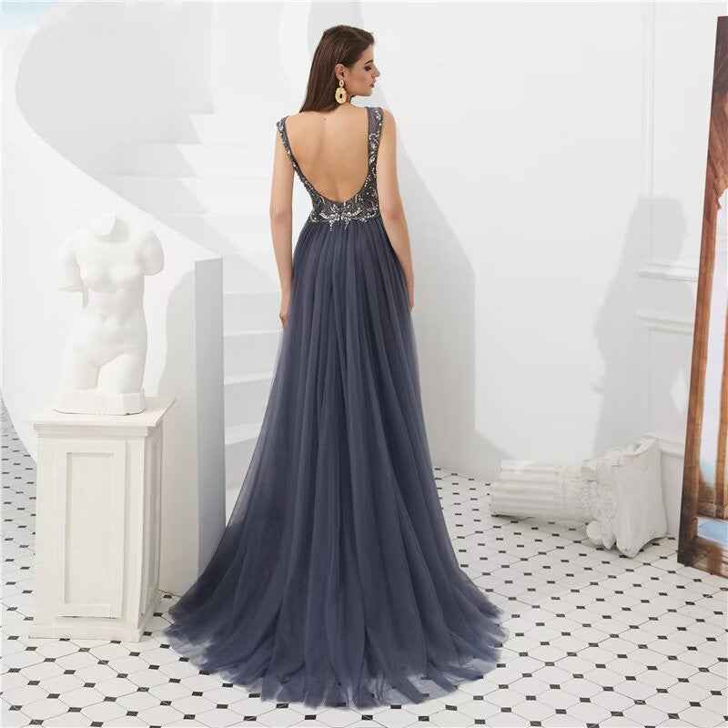 Elegant Bead Embroidery Dusty Blue Sleeveless Mermaid Long Prom Dress