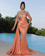 Chic High Neck Long Sleeves Beaded Stain Mermaid Prom Dress With Ruffles