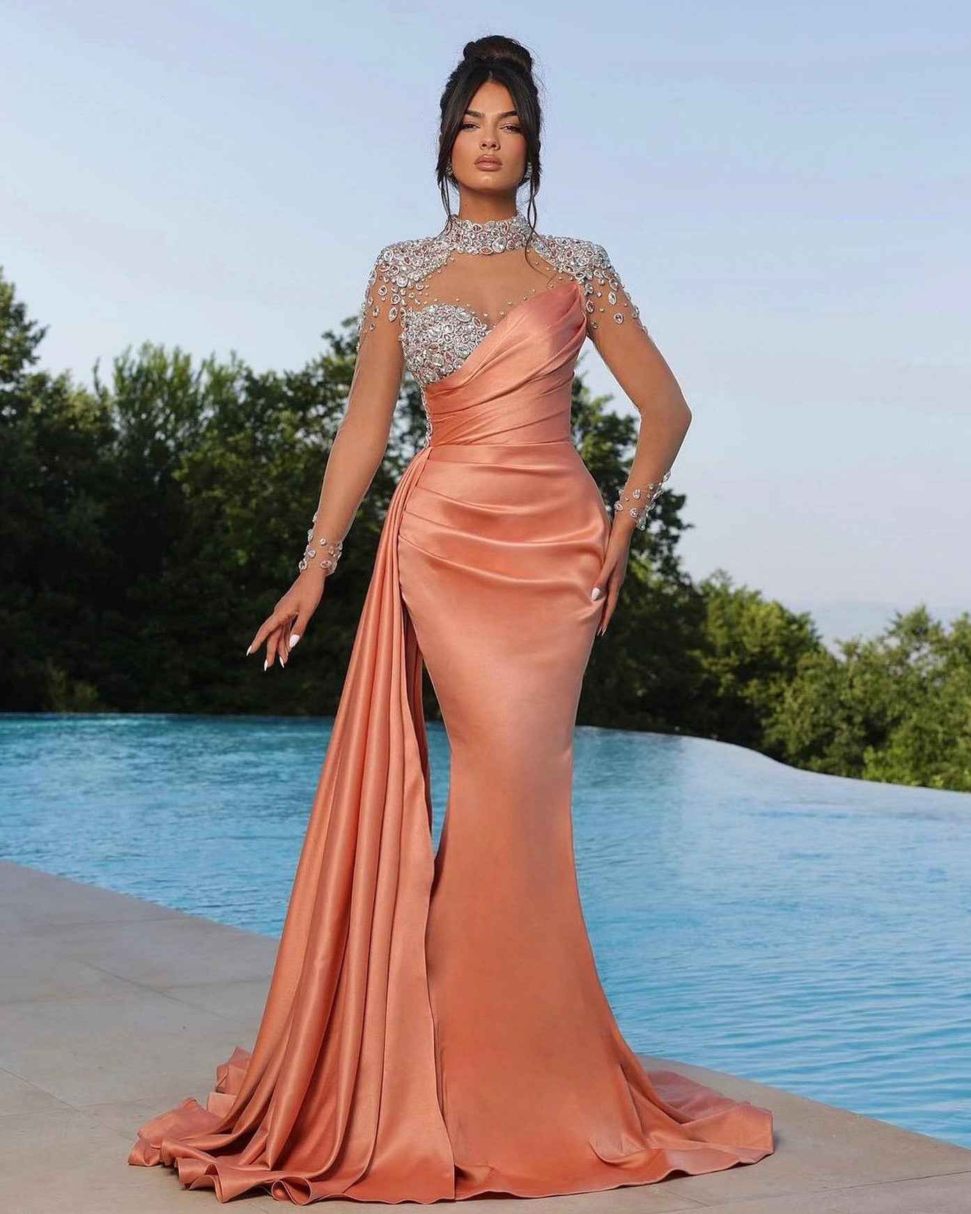 Chic High Neck Long Sleeves Beaded Stain Mermaid Prom Dress With Ruffles