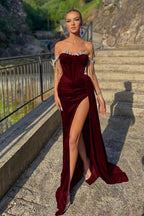 Velvet Off-the-Shoulder Beads Split Mermaid Prom Dress with Ruffles BM bride