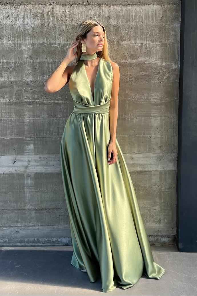 Halter Sleeveless Backless Long Prom Dress With Pleated Belt
