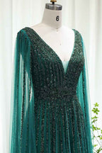 Emerald V Neck A Line Prom Dress Cap Sleeves Tulle With Beaded Appliques