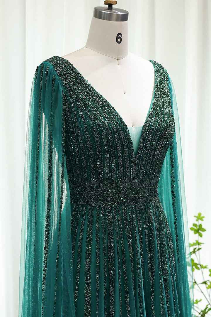 Emerald V Neck A Line Prom Dress Cap Sleeves Tulle With Beaded Appliques