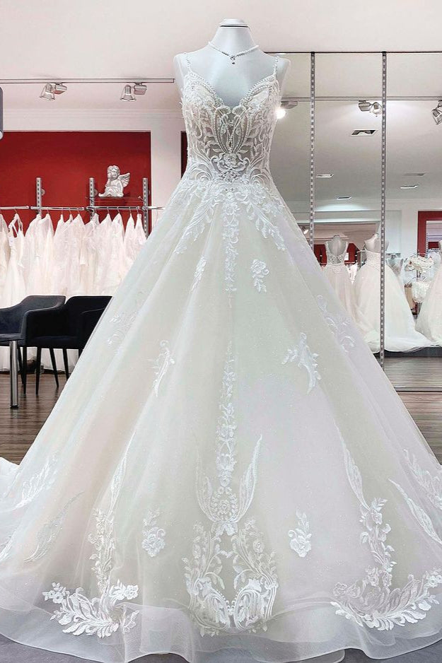 V-Neck Spaghetti Strap Ball Gown Tulle Wedding Dress with Lace Ruffles BM bride