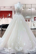 V-Neck Spaghetti Strap Ball Gown Tulle Wedding Dress with Lace Ruffles BM bride
