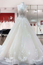 V-Neck Spaghetti Strap Ball Gown Tulle Wedding Dress with Lace Ruffles BM bride
