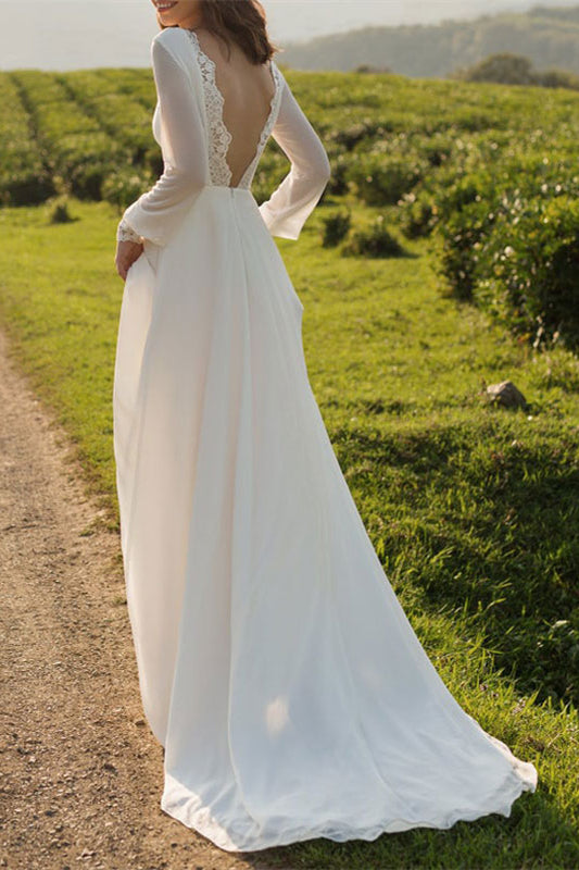 Bateau Neck Long Sleeve Tulle Boho A-Line Wedding Dress with Open Back BM bride
