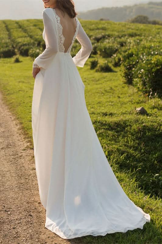 Bateau Neck Long Sleeve Tulle Boho A-Line Wedding Dress with Open Back BM bride