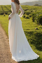 Bateau Neck Long Sleeve Tulle Boho A-Line Wedding Dress with Open Back BM bride