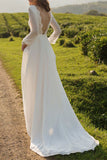 Bateau Neck Long Sleeve Tulle Boho A-Line Wedding Dress with Open Back BM bride