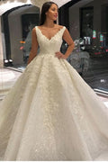 A-Line Deep V-Neck Floor-Length Wedding Dress with Lace and Sequin Appliques BM bride