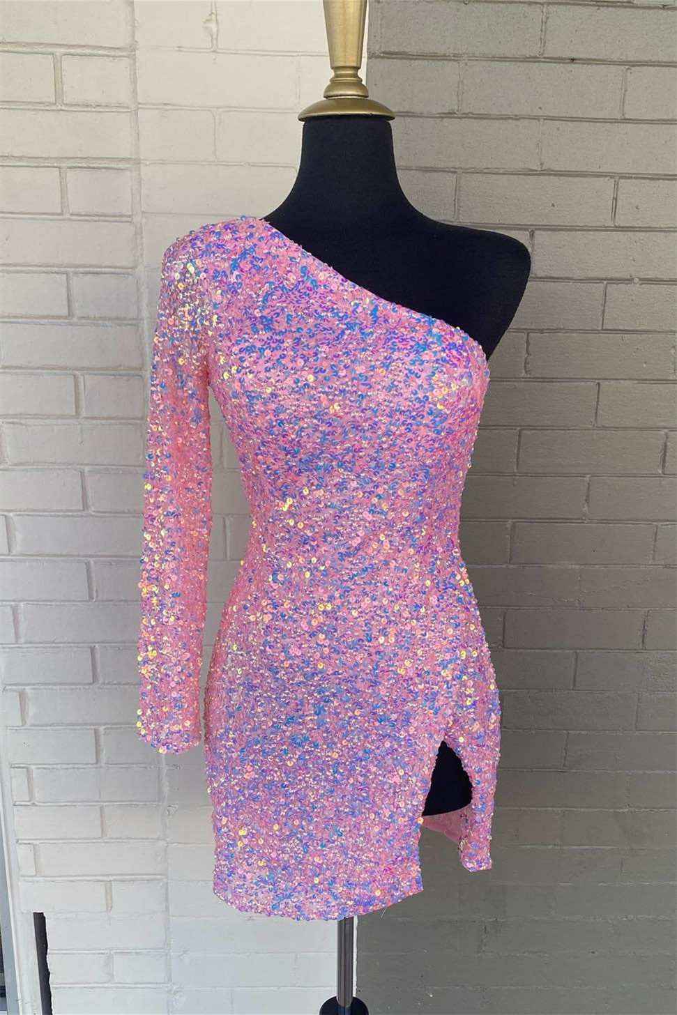 Sky Blue Stunning Long Sleeve One Shoulder Prom Split Dress Short With Sequins