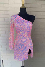 Sky Blue Stunning Long Sleeve One Shoulder Prom Split Dress Short With Sequins