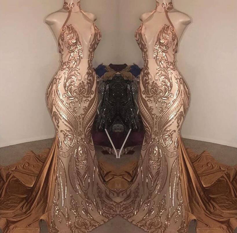 Elegant Halter V-Neck Sequins Mermaid Prom Dress BM bride