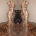 Elegant Halter V-Neck Sequins Mermaid Prom Dress BM bride