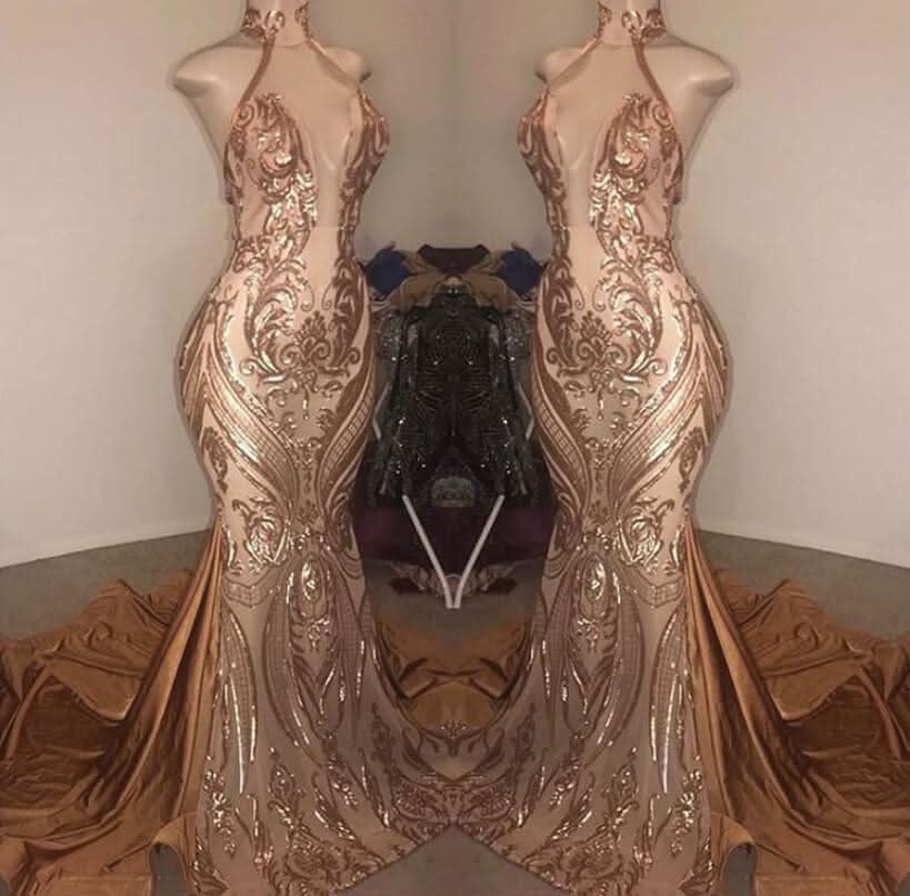 Elegant Halter V-Neck Sequins Mermaid Prom Dress BM bride
