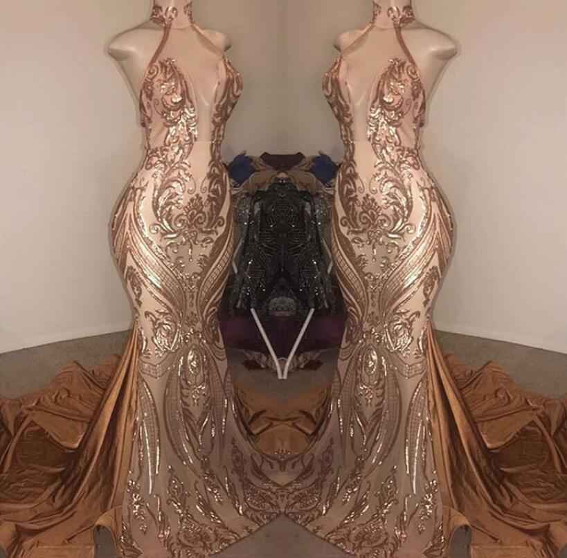 Elegant Deep V Neck Sequins Sleeveless Halter Mermaid Prom Dress With Appliques BMBRIDE