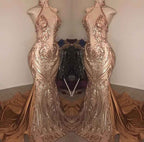 Elegant Deep V Neck Sequins Sleeveless Halter Mermaid Prom Dress With Appliques BMBRIDE
