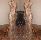 Elegant Halter V-Neck Sequins Mermaid Prom Dress BM bride